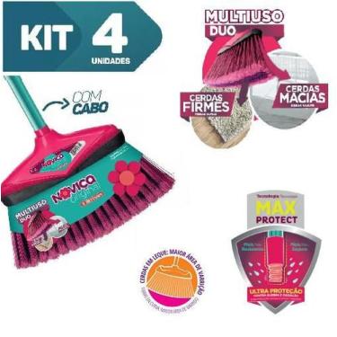 Imagem de Kit 4 Vassoura Multiuso Cerdas Firmes E Macias Com Cabo Nfe - Noviça, 