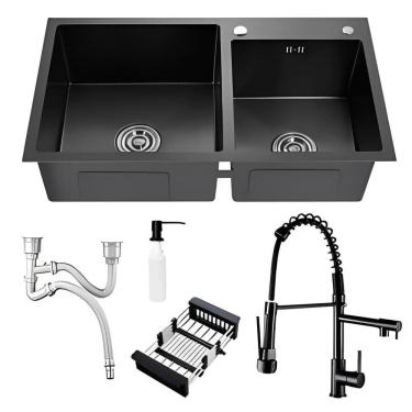 Imagem de Kit Cuba Dupla Pia Cozinha Gourmet Preta E Torneira 2 Saídas
