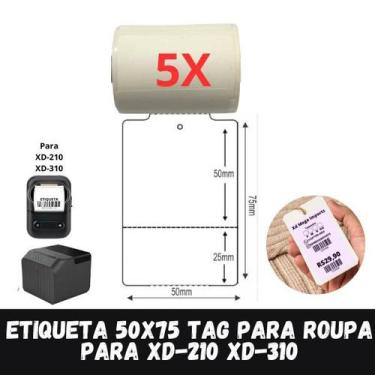 Imagem de 5 rolos Tag Para Roupa Térmica Não Usa Ribbon 50x75 - Xd Mega, Branco