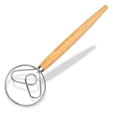 Imagem de MAXJOY Batedor de Massa Dinamarquês - Misturador de Pão de Madeira com Gancho de Massa de Aço Inoxidável - Batedor de Massa Fermentado Holandês Original para Ferramentas e Suprimentos para Fazer Pão -