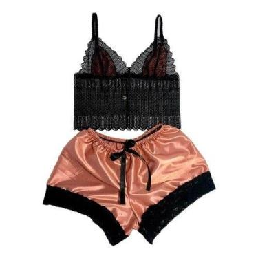 Imagem de Baby Doll Plus Size Renda Cetim Com Elastano Conjunto Lingerie Top Sho
