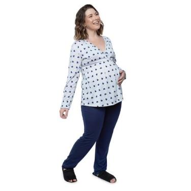 Imagem de Pijama Longo Maternidade e amamentação Mescla Coração Linda Gestante, 