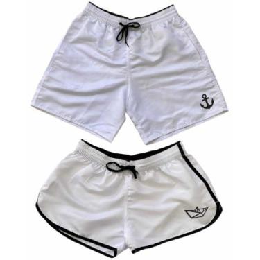 Imagem de Bermuda Casal Short Moda Praia Tactel Barco e Ancora - Relaxado, Branc