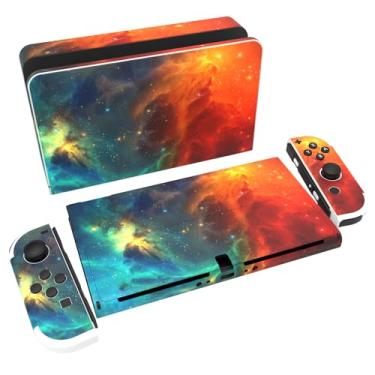 Imagem de PlayVital Conjunto completo de adesivos de proteção para Nintendo Switch OLED, capas de decalque de vinil personalizadas para console Switch OLED e Joycon e Dock & Grip - Orange Star Universe