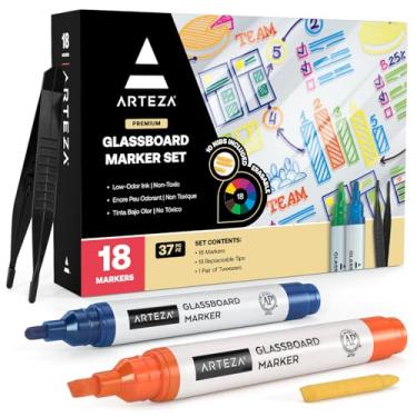 Imagem de ARTEZA Marcadores de placa de vidro, pacote com 18, 10 cores clássicas e 8 cores neon para quadros brancos e janelas, marcadores apagáveis a seco, escritório, material escolar