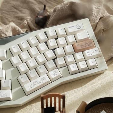 Imagem de PBT Teclas de gato fofo, teclado de sublimação de tinta branca leite, conjunto de teclas com perfil cereja de 151 teclas, teclas personalizadas Sand Dune Cat para teclado mecânico para jogos Cherry MX