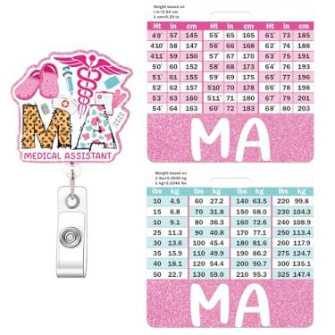 Imagem de Carretel de crachá de assistente médico e Buddy - MA Badge Buddy horizontal com tabelas de conversão de altura e peso, carretéis de crachá rosa retráteis com clipe giratório, presentes de assistente