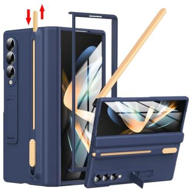 Imagem de YQODSZ Capa para Samsung Galaxy Z Fold 4 com suporte para caneta S e caneta Stylus, Z Fold 4 porta-canetas com suporte Z Fold 4 capa de dobradiça cobertura total para Z Fold 4 azul escuro