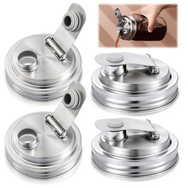 Imagem de Baderke 4 peças de aço inoxidável com tampa de bico para frascos de vidro de boca larga, tampa de vedação à prova de vazamento à prova de ferrugem serve para chá, leite, suco, bebidas herméticas,