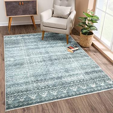 Imagem de Bloom Rugs Caria Tapete lavável antiderrapante 3x5 - Tapete geométrico azul-petróleo/marfim para sala de estar, quarto, sala de jantar e cozinha - Tamanho exato: 9,5 x 1,5 m