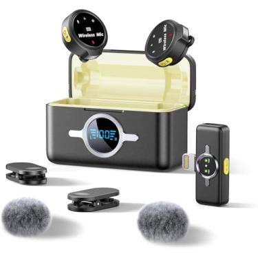 Imagem de Microfone sem fio para iPhone, Lightning Plug-Play, Cancelamento de ruído de 2,4 GHz, caso de carregamento, tampa de poeira incluída, para streaming, vlogging, entrevistas, TikTok e YouTube