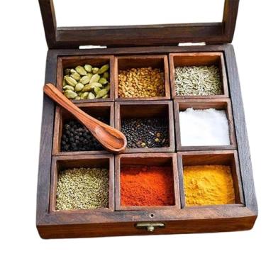 Imagem de Porta Condimentos de Madeira com 9 Compartimentos, Colher de Bambu, Tampa de Vidro, 24 CM X 24CM, Guarda Temperos, com Tranca, Luxuoso, Porta Tempero