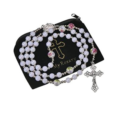 Imagem de Rosário católico com contas de pérolas roxas de 8 mm, contas de acrílico, rosário, medalha milagrosa, crucifixo, cruz, presente para mulheres e meninas, 25 inches