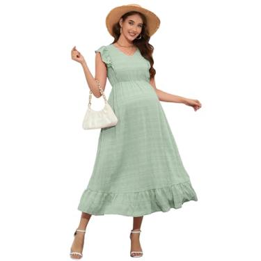 Imagem de KOJOOIN Vestido de maternidade com babados, manga cavada, verão, gola V, sem mangas, vestido maxi para chá de bebê, sessão de fotos, Verde claro, G
