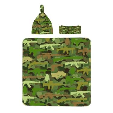 Imagem de Midaivu Cobertor camuflado para recém-nascidos com faixa de cabeça e chapéu combinando, conjunto de roupa para recém-nascidos voltando para casa, presente de chá infantil para 0 a 6 meses