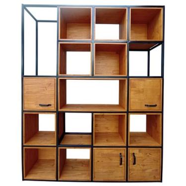 Imagem de Estante para Sala com Nichos Modelo Industrial Ferro e Madeira Maciça 