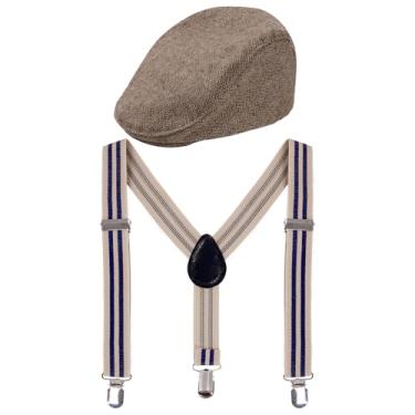 Imagem de Bskifnn Boné de jornaleiro infantil com suspensório ajustável, roupa elegante para casamento, sessão de fotos, 100 dias de escola, Caqui, One Size