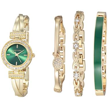 Imagem de Anne Klein Conjunto feminino de relógio e pulseira com detalhes de cristal premium, AK/2238, Dourado/verde, Japonês