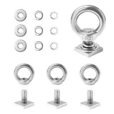 Imagem de DXNQ 4 PCS T Track Mount Tie Down Anchor para rack de teto, M8 resistente aço inoxidável T Slot Bolt Tie Down Rings Kit de ancoragem, acessórios de parafusos T Track para segurar ganchos de corda de