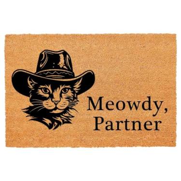 Imagem de Capacho engraçado de coco gato usando chapéu de caubói Meowdy Partner Welcome Front Porch Decor Capacho para a entrada Tapetes personalizados Suporte de PVC Antiderrapante Outdoor Coco Coir Capacho 60