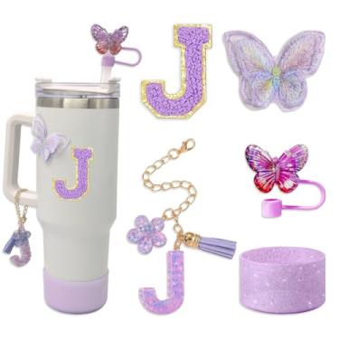 Imagem de Conjunto de acessórios Stanley Cup para Tumbler Stanley, incluindo capa de canudo de borboleta de 10 mm, pingentes de letras de copo, bota de silicone brilhante, adesivo de letras e adesivo bordado de