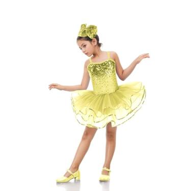 Imagem de Enchanta Olivia Fantasia feminina collant de lantejoulas, collant de balé, tutu, bailarina, fantasia de dança para crianças, Amarelo, M