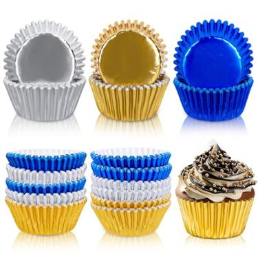 Imagem de Whaline 150 peças de forros de cupcake de graduação Parabéns Grad Assadeira Azul Prata Ouro Metálico Embalagens de Cupcake para Artigos de Festa