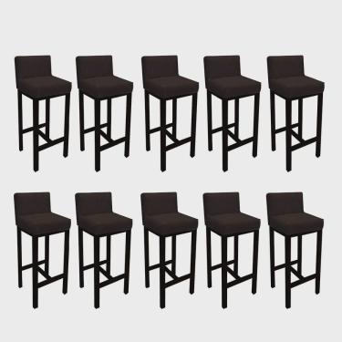 Imagem de Kit 10 Banqueta Alta Com Encosto Loren Cozinha Balcão Bistrô Base Madeira Preto Tecido Sintético Marrom - Ahz Móveis