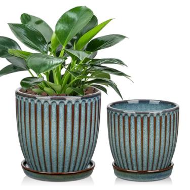 Imagem de Oairse Vasos de cerâmica para plantas de interior, vasos de 4,9 + 14,5 cm para plantas, conjunto de 2 vasos de plantas azuis de mármore com orifícios de drenagem e pires, textura de vasos de cerâmica