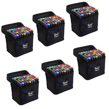 Imagem de Estojo Caneta Permanente 48 Cores Canetinha Kit 6 unidades Ponta Dupla Marcador Bolsa Arte Desenho Pintura Escola Curso Faculdade