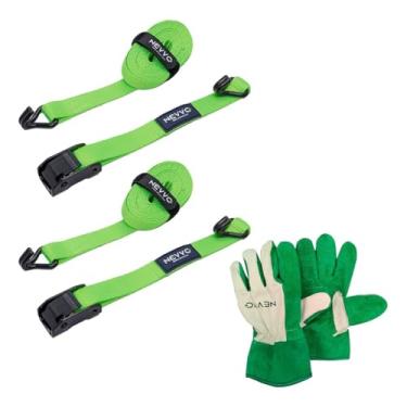 Imagem de Kit 2 Cintas De Amarração Para Prender Carga Gancho J 4 Metros 600kg + Luva de Raspa Vaqueta Cano Curto Multiuso NEVVO