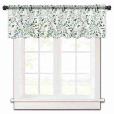 Imagem de Cortina transparente de folhas de eucalipto verde aquarela para janelas de cozinha, tratamentos de janela de chiffon de primavera com bolso para varão curto para sala de estar e banheiro 147 x 45 cm