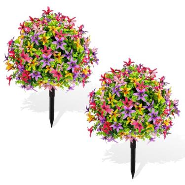 Imagem de ENVEN Árvores de bola de topiária de buxo artificial com flores para uso externo com ponta de 56 cm, arbustos artificiais resistentes a UV, plantas falsas para jardim interno e externo, quintal