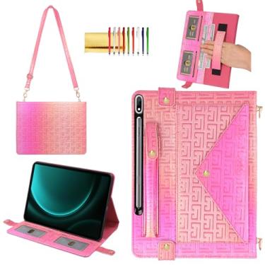 Imagem de Capa brilhante para Samsung Galaxy Tab S10+ 2024/S9 FE+ 2023/S9+ Plus de 12,5 polegadas, capa carteira com suporte para caneta + compartimentos para cartão + alça de mão + alça de ombro, rosa