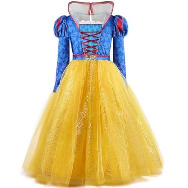 Imagem de Mukola Vestido de fantasia infantil 2025 da Branca de Neve com mangas bufantes princesa da neve, aniversário, Halloween, 4 a 14 anos, Amarelo, 3-4 Years