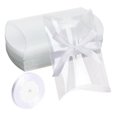 Imagem de Klmnop 70 peças, caixas de presente transparentes de 14 x 9 x 3,5 cm, caixa de presente de doces de plástico com fita, sacolas doces para casamento, festa de aniversário, embalagem de presente