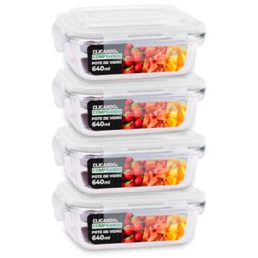 Imagem de KIT 4 Potes de Vidro Retangular com Tampa Hermética 640ml Cor: Transparente