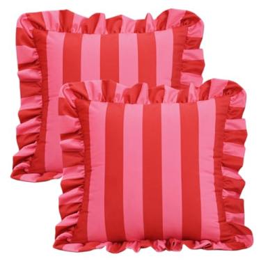 Imagem de Capas de almofada, 2 peças de capas de travesseiro com babados, listras quadradas 45 x 45 cm, fronha decorativa com babados para cama, sofá, sala de estar