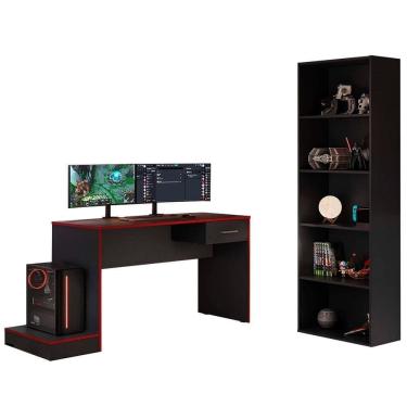 Imagem de Mesa Gamer 1 Gaveta E Estante Livreiro Preto Vermelho Arly Preto Vermelho