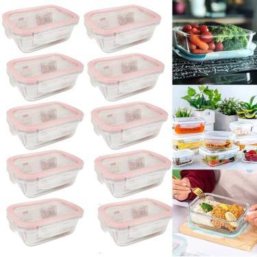Imagem de Kit 10 Pote Vidro Mantimentos Hermética Tampa Com Trava Silicone Rosa Marmita 370ml