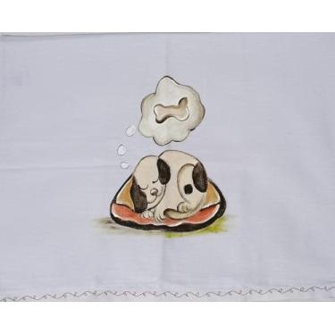 Imagem de PANO DE PRATO COM PERSONAGEM DE CACHORRINHO - PINTADO À MÃO E BORDADO NAS LATERAIS - 100% ALGODÃO