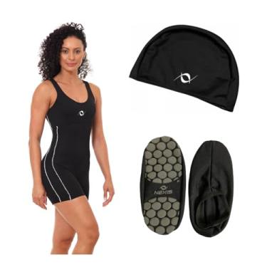 Imagem de Kit Macaquinho Natação Touca Tecido Sapatilha Antiderrapante (Sapatilha Preto G - Óculos Preto, XGG)
