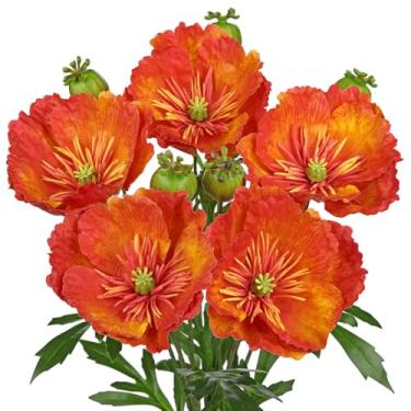 Imagem de Hollyone 5 peças de buquê artificial de flores de papoula laranja escura, 81,8 cm, arranjo de flores de papoula falsas de seda com toque real, haste longa para mesa de festa de casamento, decoração de