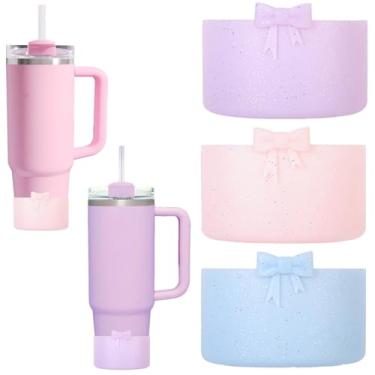 Imagem de Mocbovni Bota de garrafa de água de silicone com laço de 3 peças, capa protetora com glitter para garrafas, largura inferior de 2,8 a 7,5 cm, compatível com Stanley Tumbler 590-1,134 ml e Hydro Flask