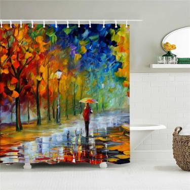 Imagem de Cortina de chuveiro de banheiro com impressão de paisagem de cidade rural, cortina de poliéster com pintura de cenário, decoração para casa, 6217W,W90xH180cm