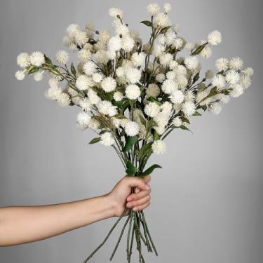 Imagem de Giegxin 8 peças de flores kiku falsas brancas para vaso de 64 cm ramos falsos verdes, mini flores artificiais de crisântemo realistas, pequenas mães de pompom para loja, jardim, escritório, casa, mesa
