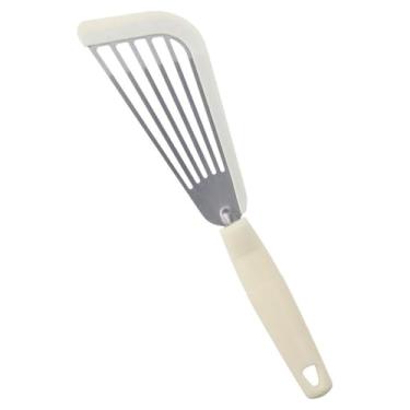 Imagem de gifthub Espátula de peixe bege, espátulas de peixe com borda de silicone para cozinha, aço inoxidável flexível e fino, antiaderente para panquecas