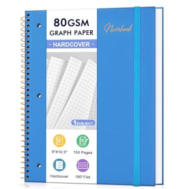 Imagem de Graph Paper Notebook,1 Subject 80GSM Thick Grid Paper Notebook 8" x 10-1/2", Hardcover Spiral Notebooks for School Work Women Men, Graphing Notebook Journal for Writing,3-Hole Punched Perforated Blue