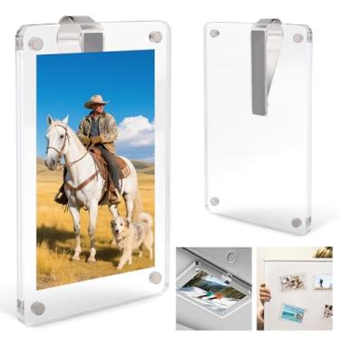 Imagem de Lomxene Clipe de viseira de carro, clipe de viseira para foto, porta-retrato magnético acrílico – Pacote com 2 decorações de carro transparentes para viseira, molduras magnéticas para geladeira