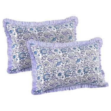 Imagem de Capa CPC Azul índigo 100% algodão com estampa de babados 50 x 91 cm, pacote com 2, fronha floral boho feita à mão, capa de almofada Lumar decorativa macia para decoração de quarto